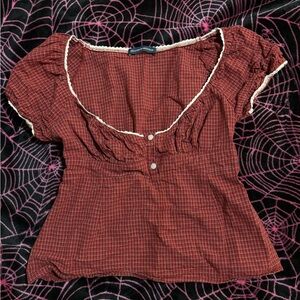 Brandy Melville Red and White Puff Sleeve Ruched Blouse